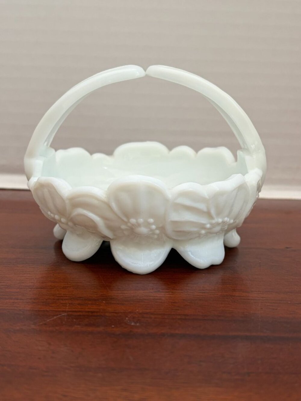 Westmoreland Milk Glass Dogwood Blossom Split Handle Mini Basket Bowl